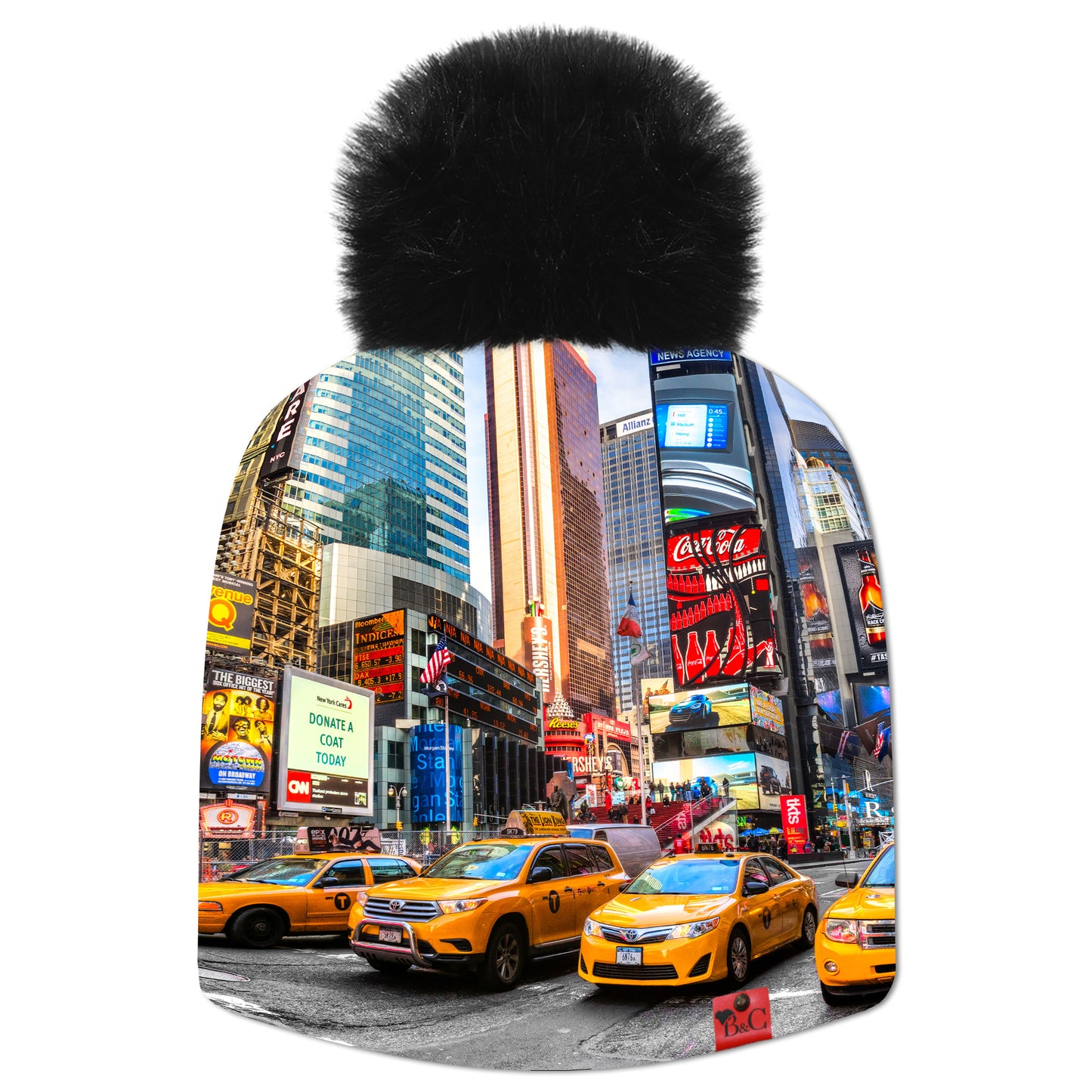 Bonnet Affleck pour enfants, avec vue sur manhattan et plus particulièrement Time Square avec ses taxis et immenses panneaux publicitaires.