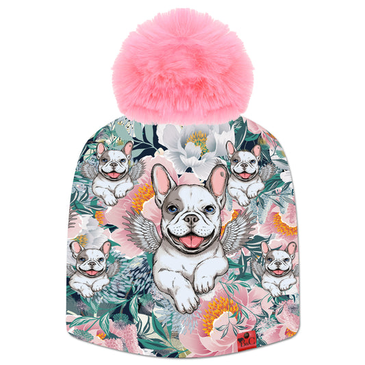 Bonnet Angelina pour enfants, son imprimé coloré avec des petit carlins ailés et entourés de fleurs vous fera fondre.
