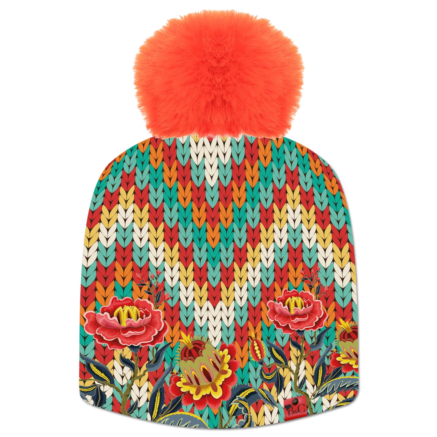 Bonnet Audrey pour enfants, son imprimé floral et coloré s'accordera avec toutes vos tenues pour une pointe de couleur. Accompagné de son pompon orange pour ajouter une touche de glamour.