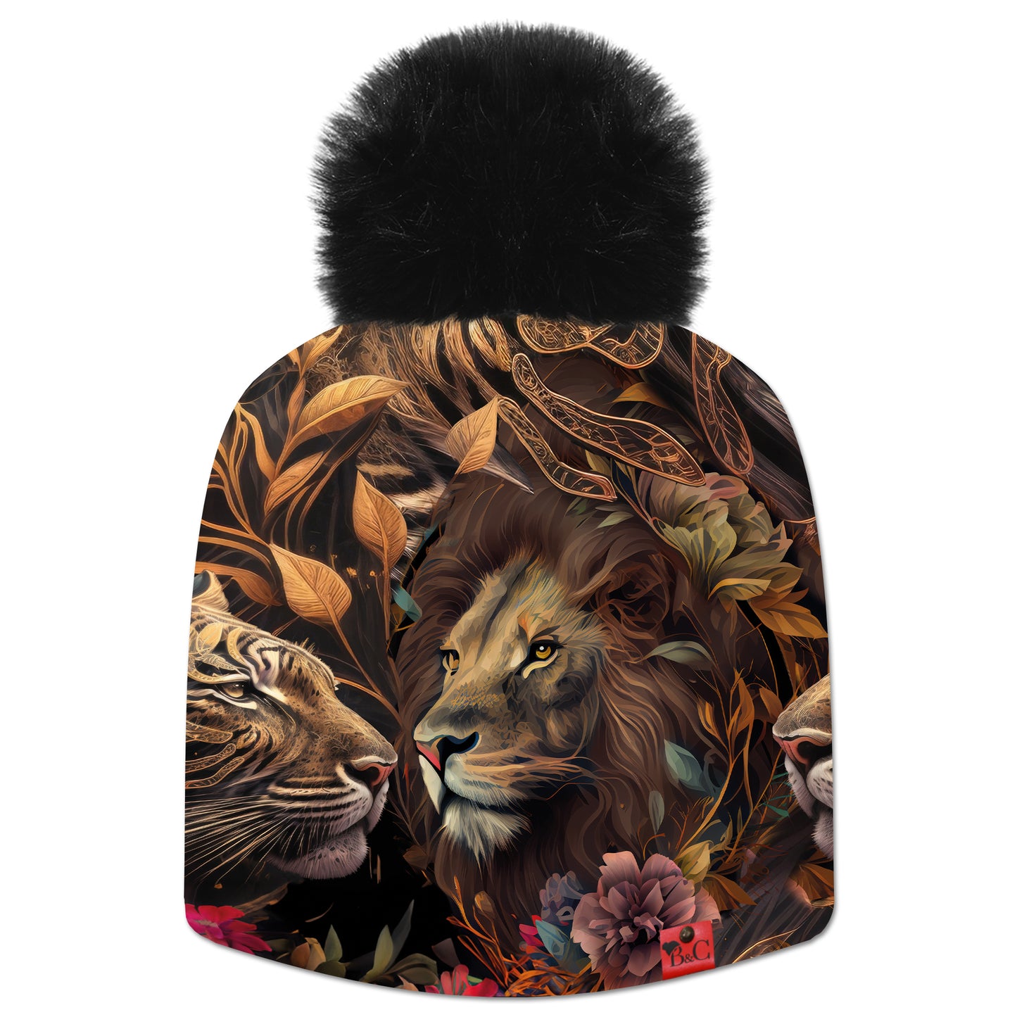 Bonnet Austen pour enfant, avec son imprimé lion et tigre, plongez dans la savane avec des touches d'or et de brun. Sublimé par son pompon noir.
