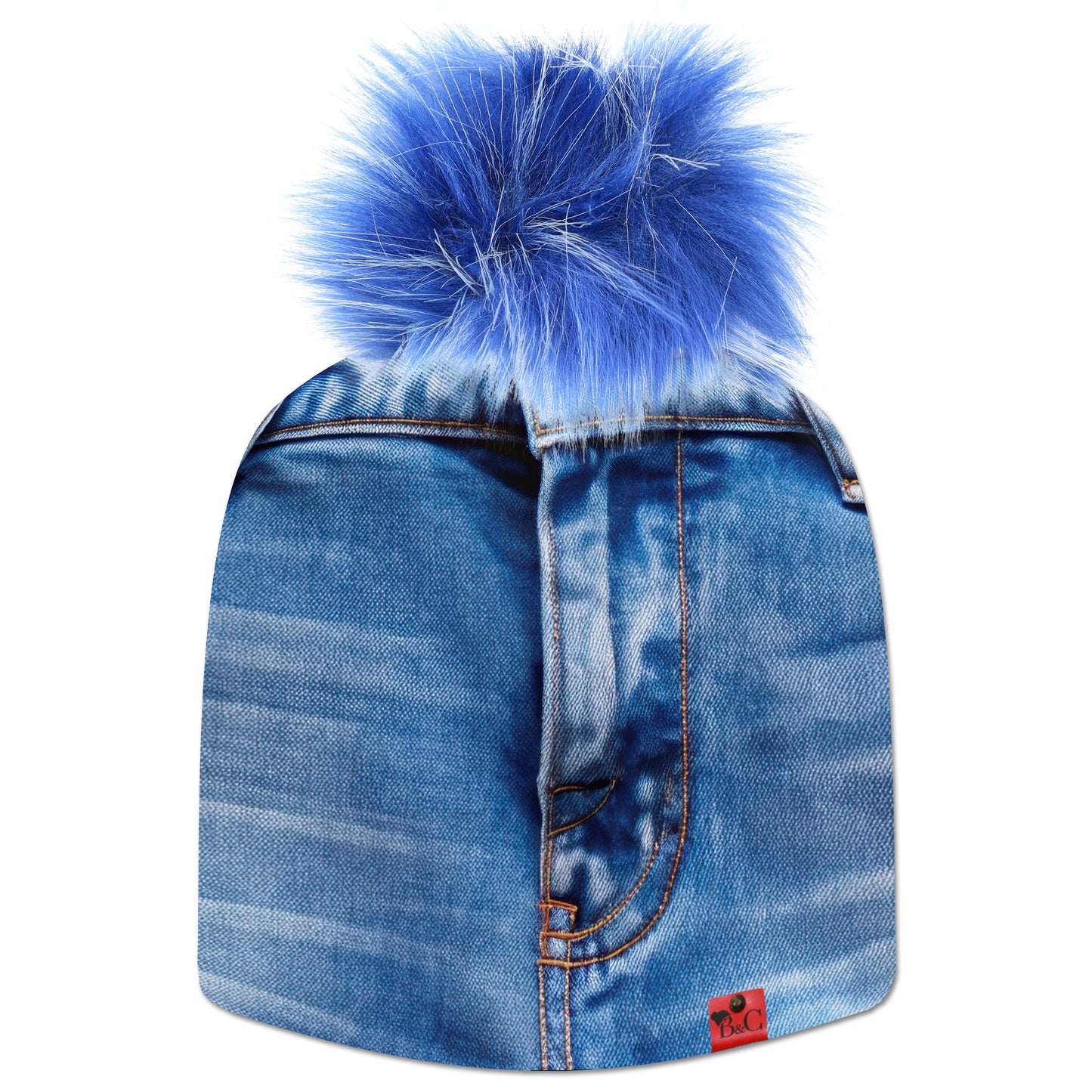 Bonnet Bluetrend pour hommes et femmes avec un motif imitation jean et son pompon Denim en fourrure synthétique pour une touche de sobriété.