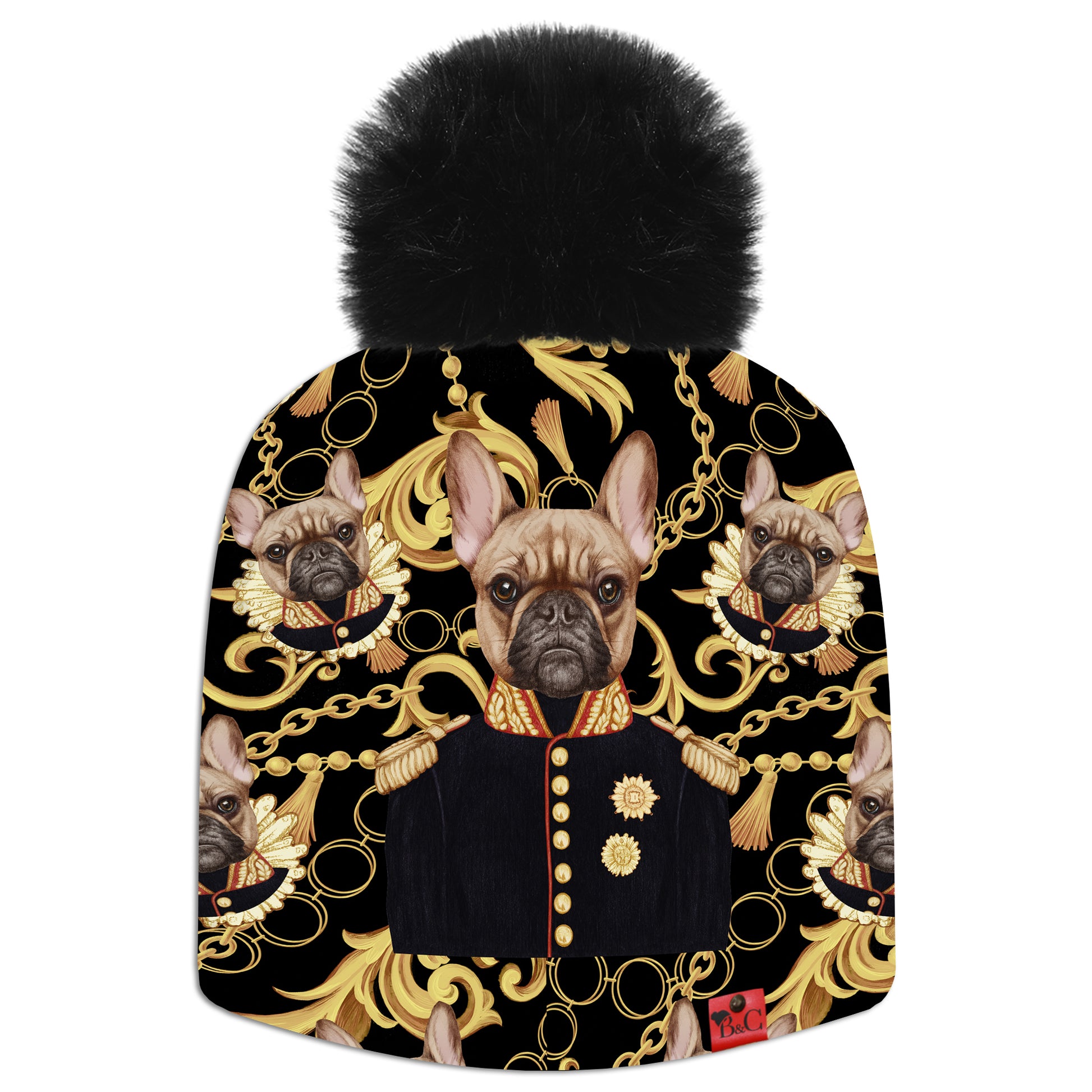 Bonnet Caesar pour enfants avec des carlins entouré de chaines en or et son pompon en fourrure synthétique noir pour une touche de classe.