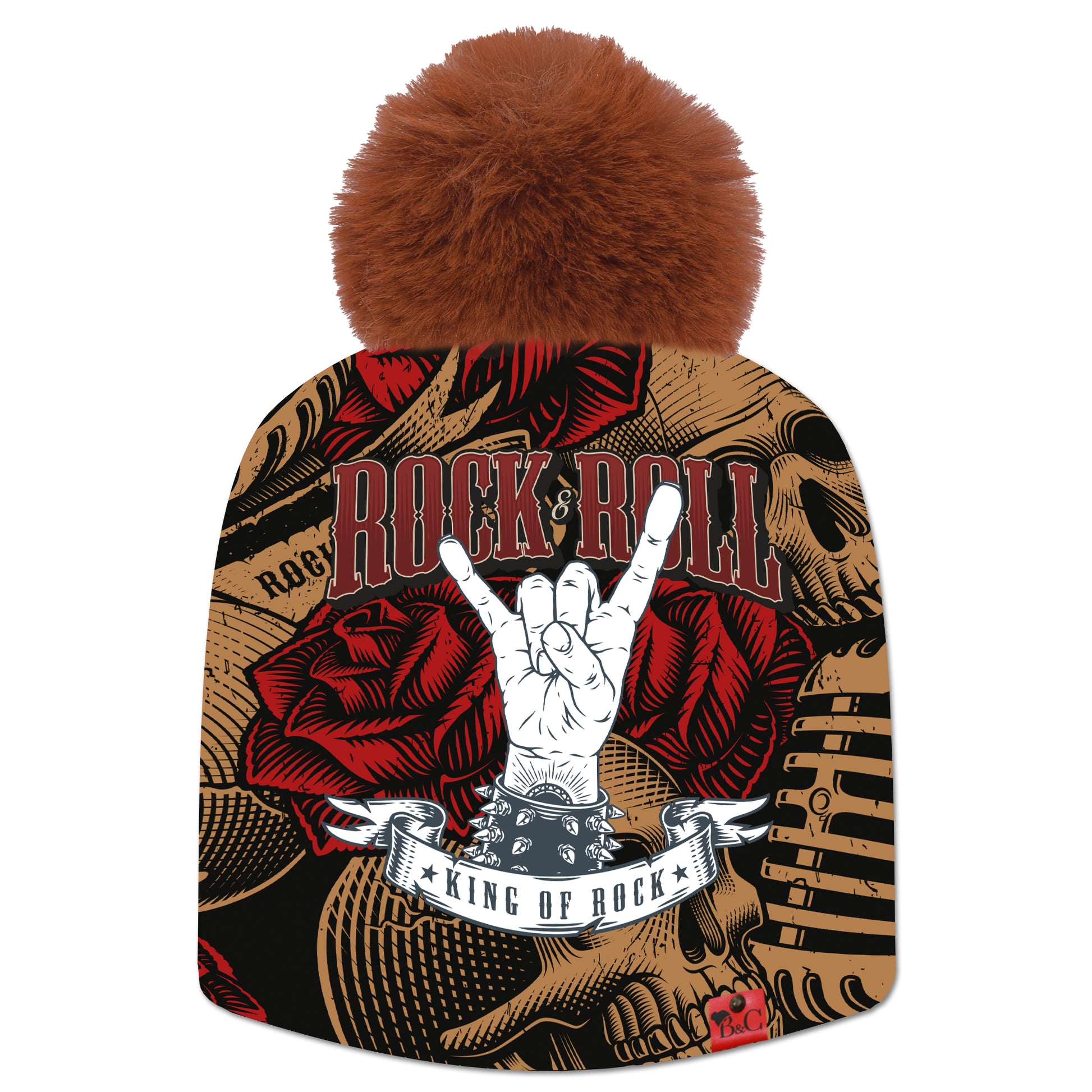 Bonnet Chris pour hommes et femmes, avec un motif de tête de mort et de rose rouge, et l'inscription Rock & Roll en rouge. Il est accompagné de son pompon Ecureuil en fourrure synthétique et son étiquette en cuir rouge signée Beanie and Clyde.