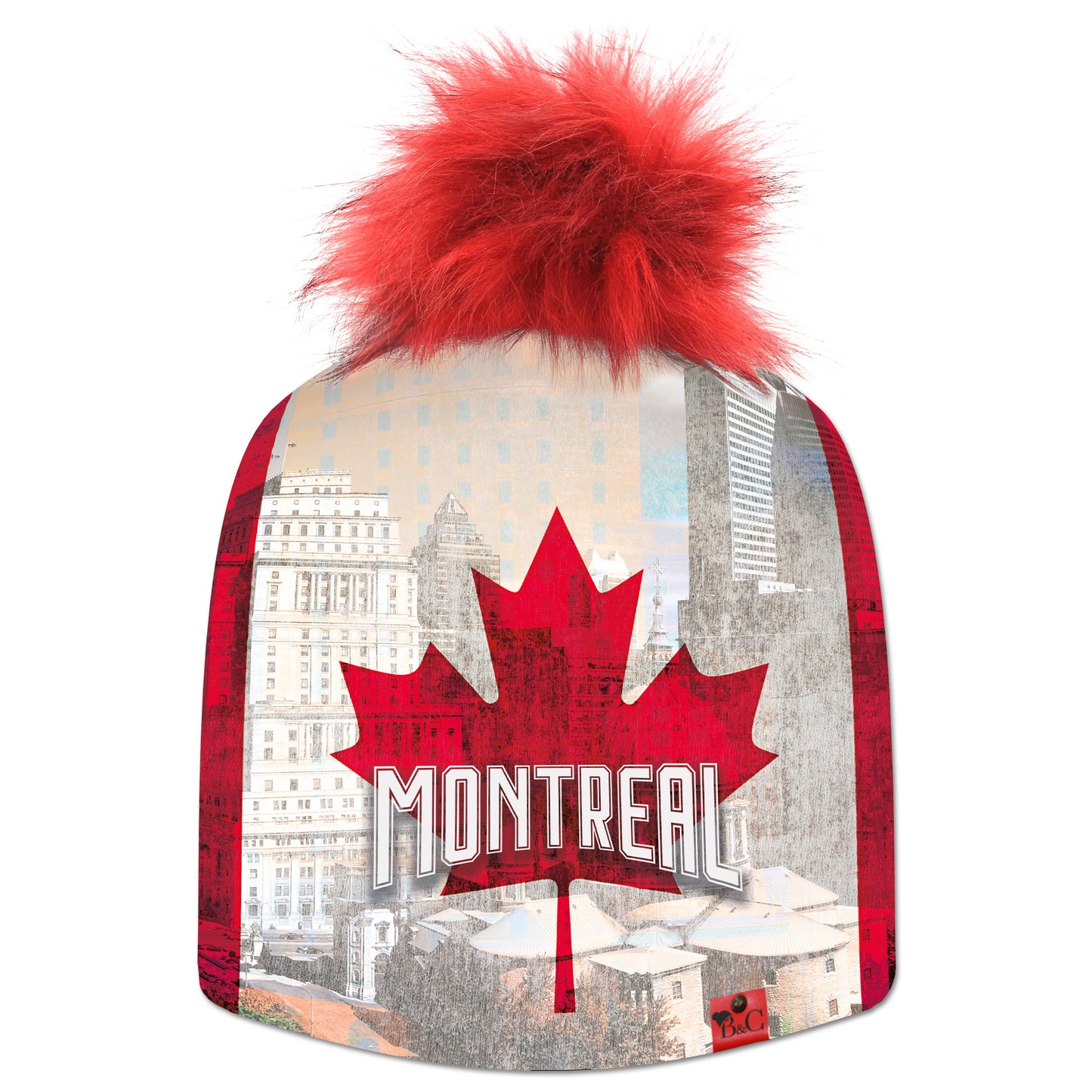 Bonnet Hockey pour enfants, avec une photo de montreal et par dessus le drapeau de Canada et au milieu une feuille d'érable rouge avec l'inscription "Montreal" en blanc. Il est accompagné de son pompon Rouge Punk en fourrure synthétique et de son étiquette en cuir rouge signée Beanie and Clyde.
