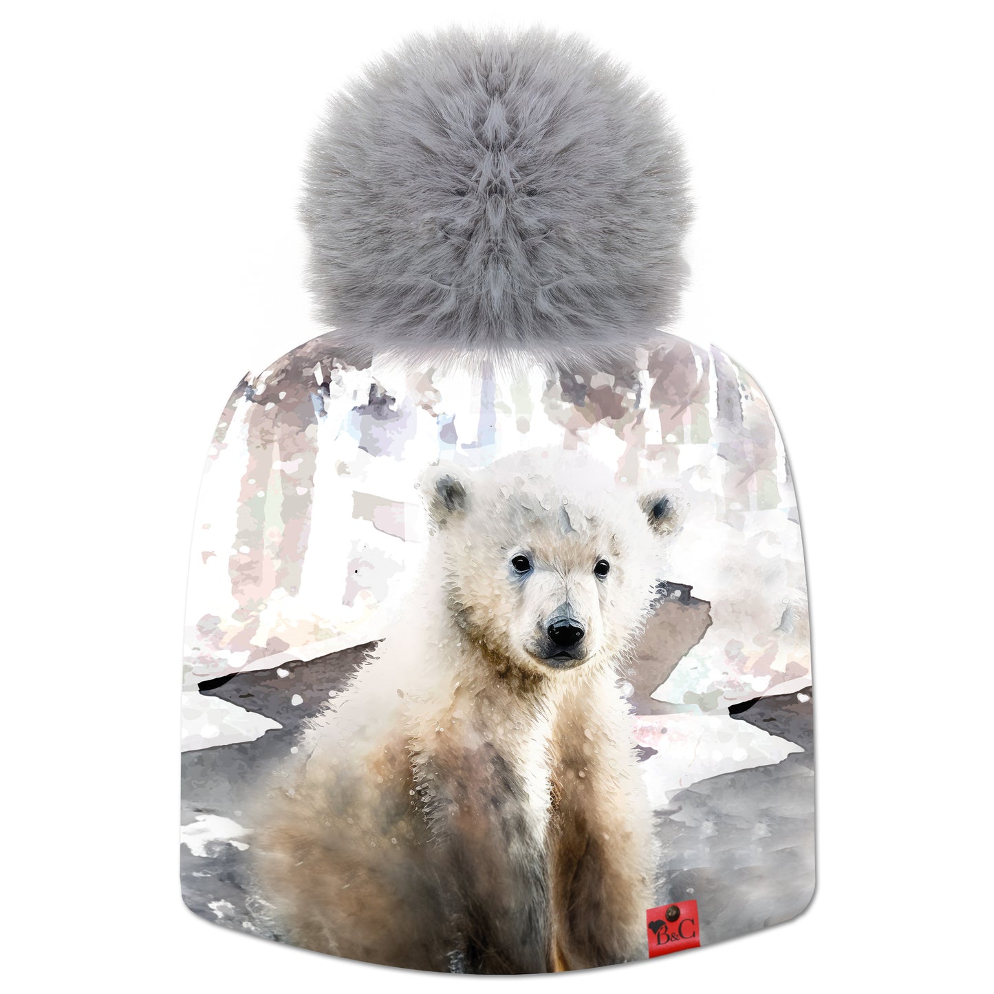 Bonnet Jackson pour enfants, son imprimé d'ours polaires est accompagné de son pompon Gris Souris synthétique et bien sûr l'étiquette en cuir rouge signée Beanie and Clyde.