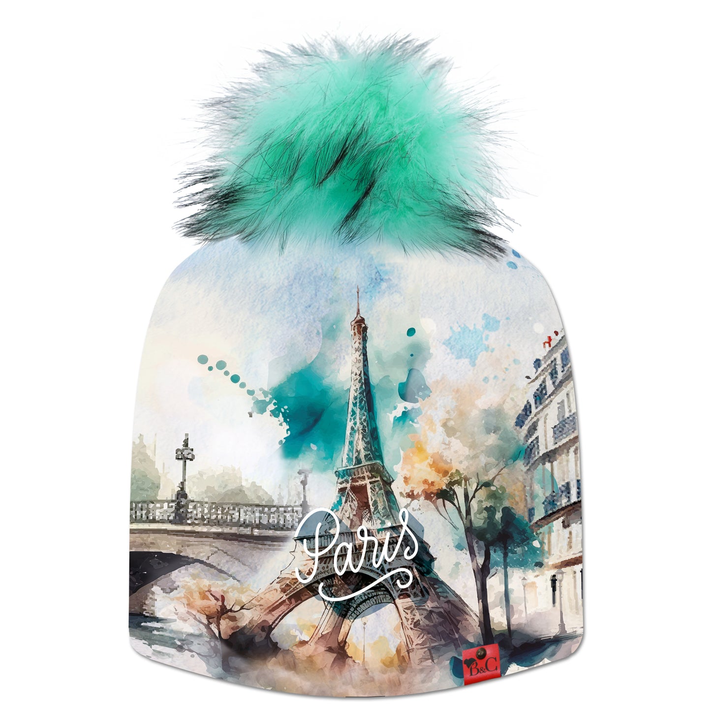 Bonnet La Seine, pour enfants, son imprimé vous offre un paysage parisien avec une tour Eiffel pour sublimer le tout. Il est accompagné de son pompon Menthe Glaciale en synthétique et de son étiquette en cuir rouge signée Beanie and Clyde.