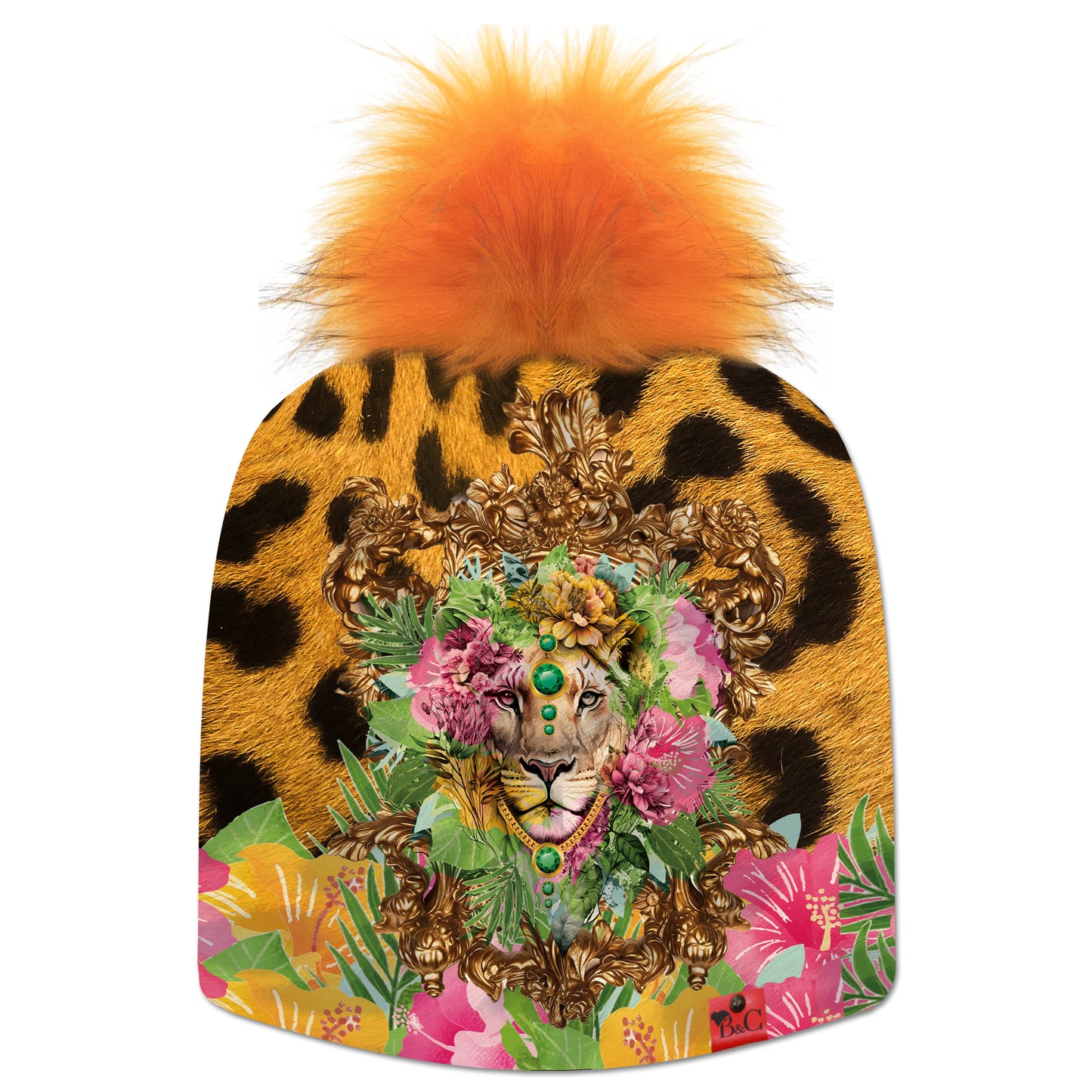 Bonnet Madonna pour enfants, avec son imprimé leopard et fleuri, il offrira une touche d'exotisme à votre tenue. Il est accompagné de son pompon Ocre en synthétique et de son étiquette en cuir rouge signée Beanie and Clyde.
