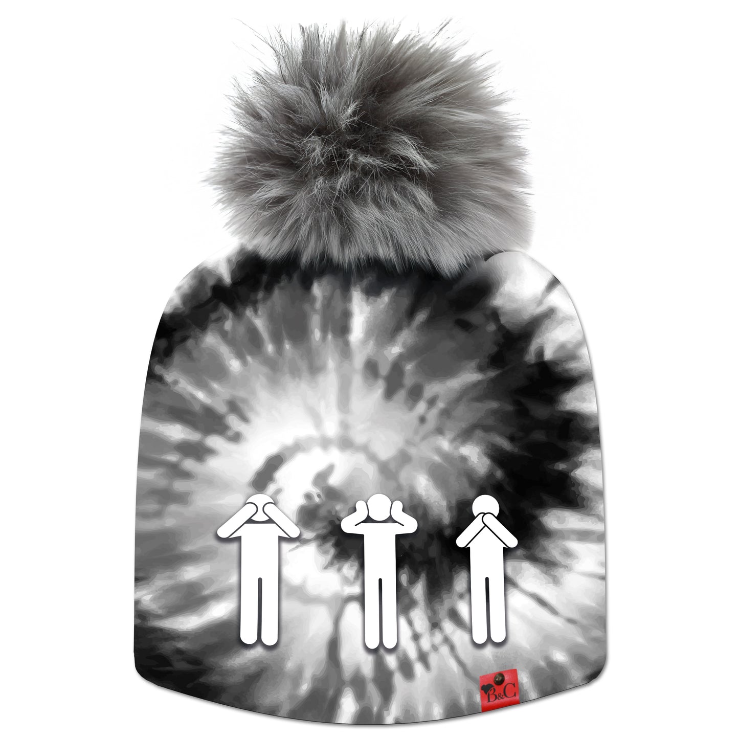 Bonnet tie and dye noir et blanc nommé Marley pour hommes et femmes, avec trois pictogrammes au premier plan représentant les singes de la sagesse : ne rien voir, ne rien entendre, ne rien dire. Il est accompagné de son pompon Poivre et Sel.