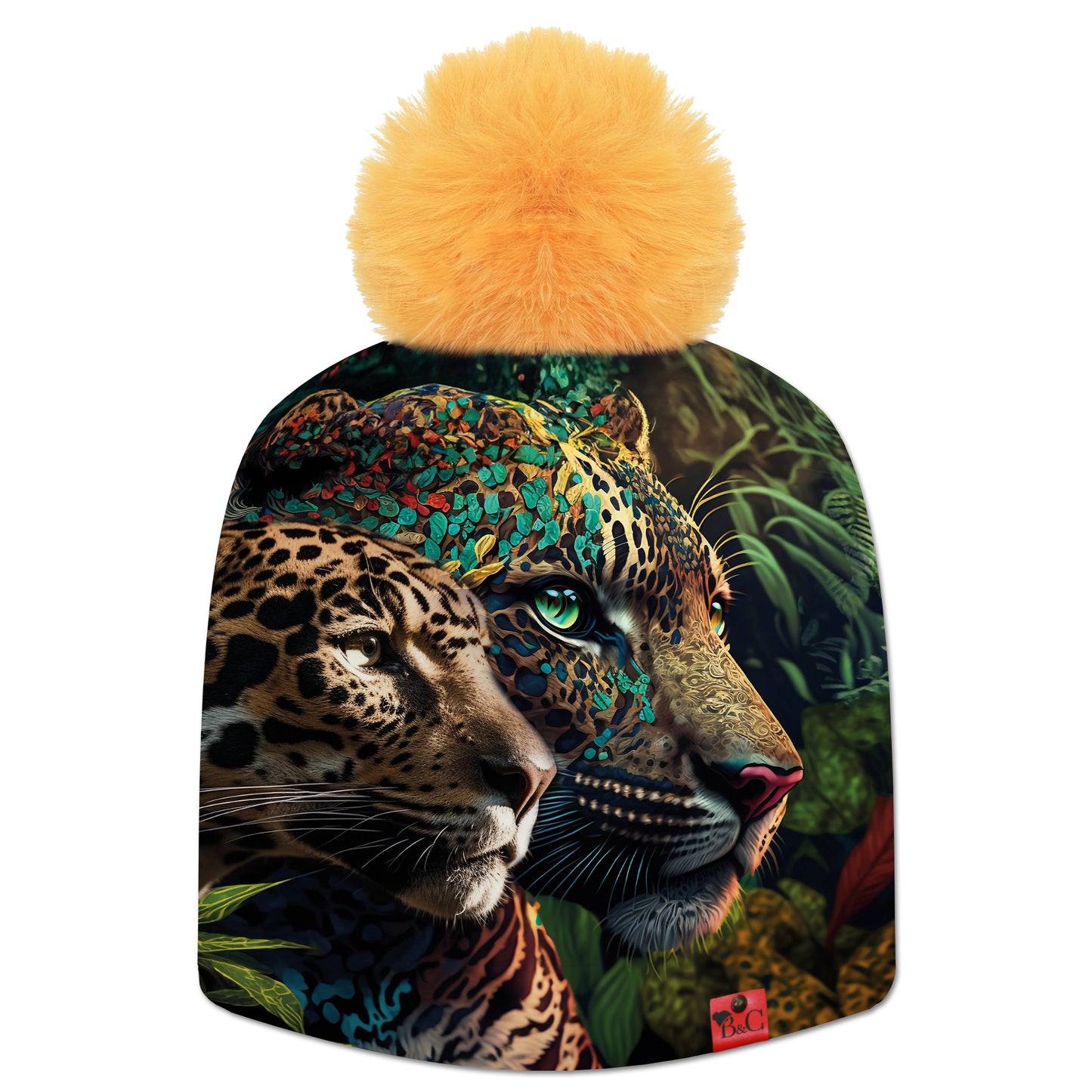 Bonnet Pablo pour enfants, avec son paysage de jungle mettant en avant deux leopards colorés. Il est sublimé par son pompon Jaune Banane en synthétique et de son étiquette en cuir rouge signée Beanie and Clyde.