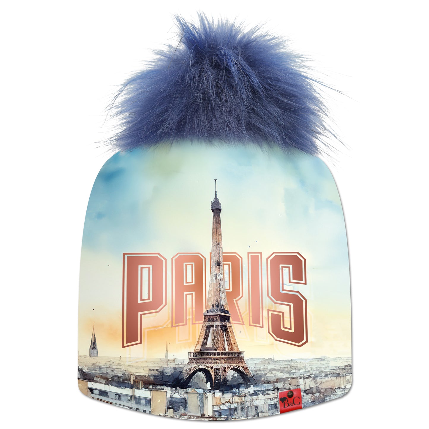 Bonnet Paris pour enfants, son imprimé est inspiré d'un paysage parisien avec l'emblématique tour Eiffeil. Il est sublimé par son pompon Encre Bleue en synthétique et de son étiquette en cuir synthétique rouge signée Beanie and Clyde.