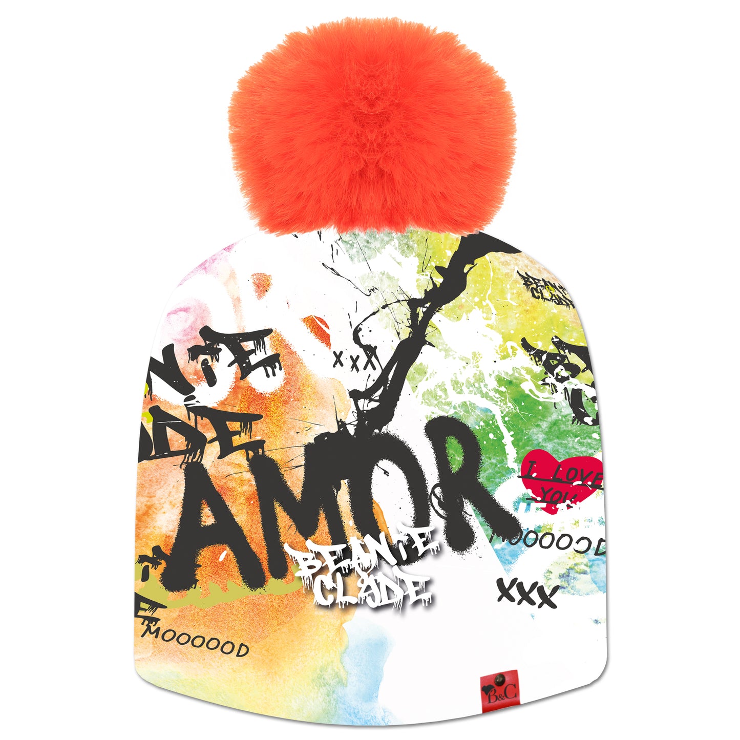 Bonnet Picasso pour femmes, son imprimé en style tag offrira une pointe d'originalité et de couleur à votre style. Sublimé par son pompon Orange en synthétique et de son étiquette en cuir synthétique rouge signée Beanie and Clyde.