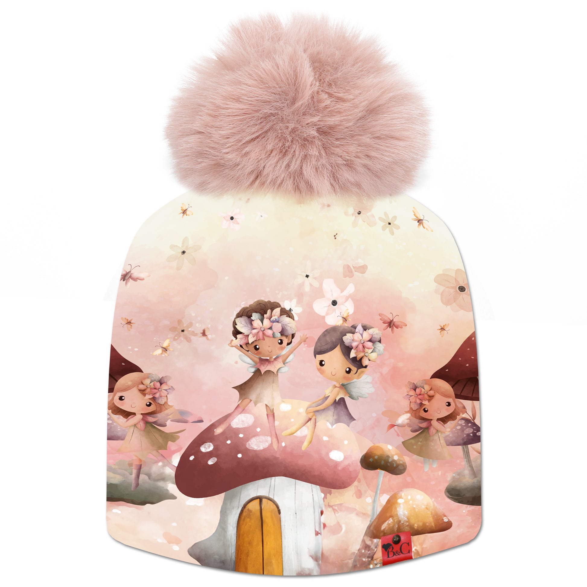Bonnet Princess pour enfants, avec son imprimé votre enfant sera plongé dans un univers enchanté rempli de fées et de fleurs. Son pompon Nude en synthétique vient le sublimer ainsi que son étiquette en cuir synthétique rouge signée Beanie and Clyde.