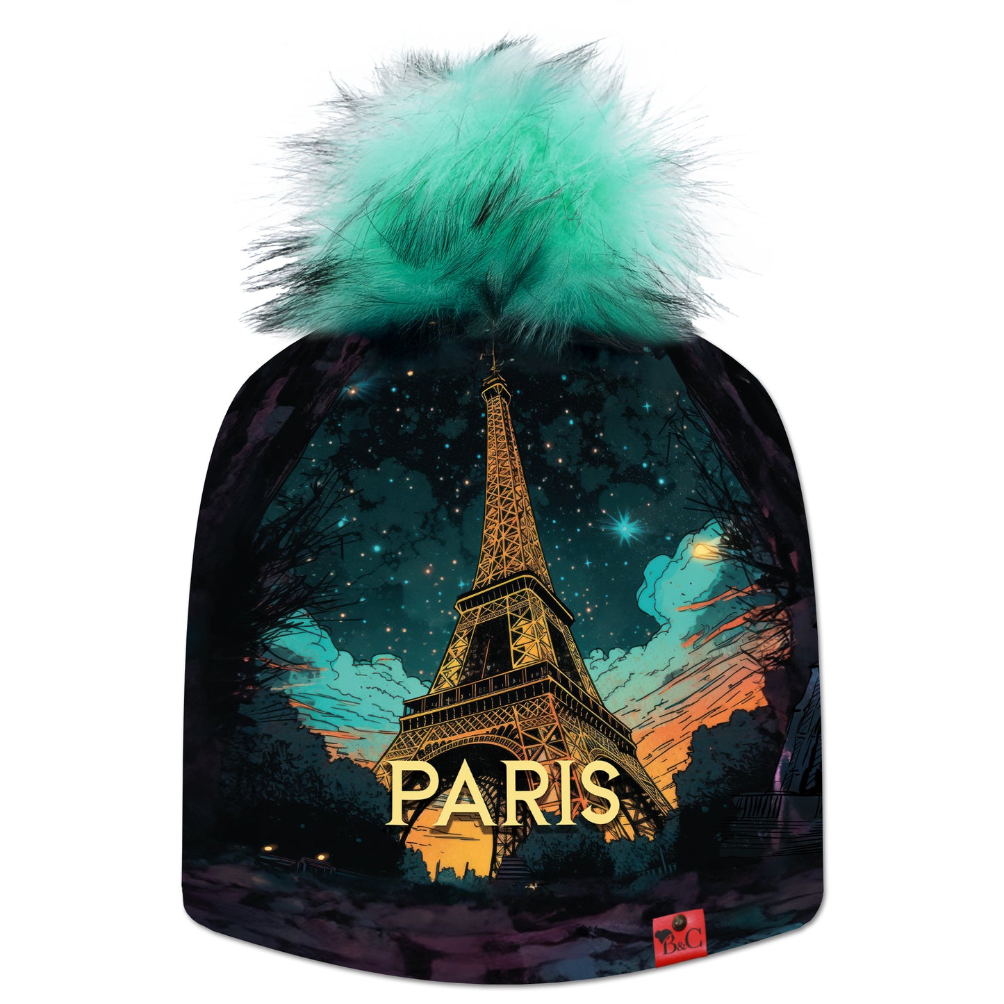 Bonnet Sacre Coeur pour enfants, avec un paysage fantaisiste nocturne, offrant une vue sur la tour Eiffel. Sublimé par son pompon Menthe Glaciale en synthétique et de son étiquette en cuir synthétique rouge signée Beanie and Clyde.
