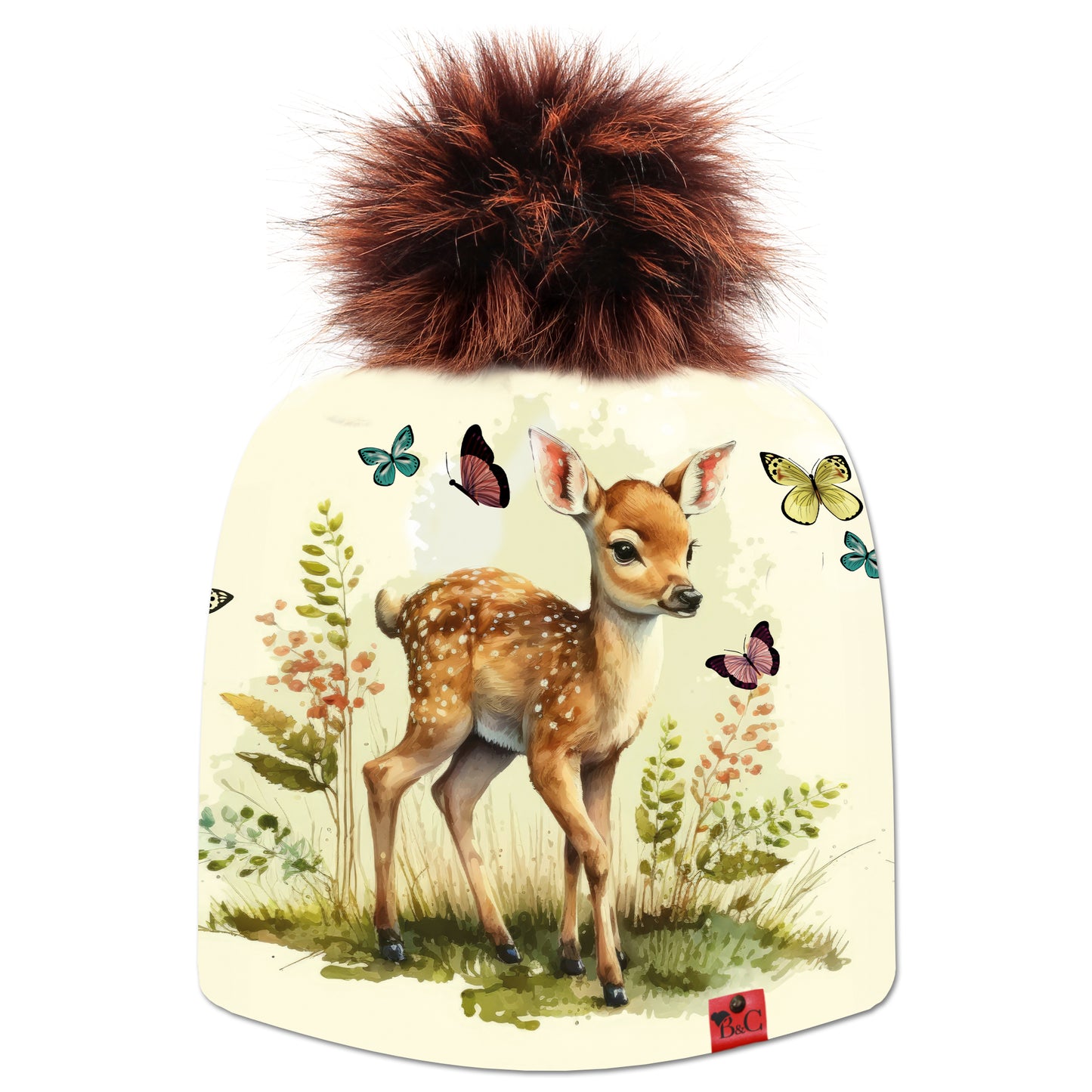 Bonnet Steven pour enfants, son imprimé vous plonge dans un univers paisible rempli de papillons, avec des petites biches. Sublimé par son pompon Castor en synthétique et de son étiquette en cuir synthétique rouge signée Beanie and Clyde.