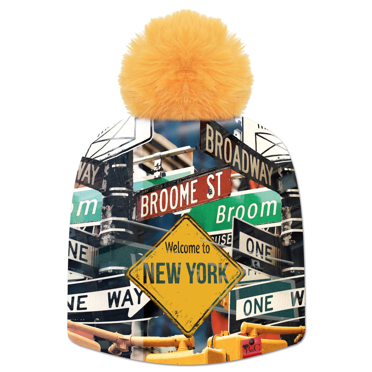 Bonnet Timesquare pour enfants, avec un paysage de panneaux de circulations New Yorkais. Son pompon Jaune Banane en fourrure synthétique le sublime ainsi que son étiquette en cuir synthétique rouge signée Beanie and Clyde.
