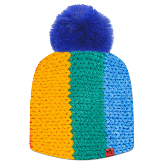 Bonnet Tricot pour hommes et femmes, avec son imprimé de tricot coloré. Son pompon Navy en fourrure synthétique le sublime ainsi que son étiquette en cuir synthétique rouge signée Beanie and Clyde.