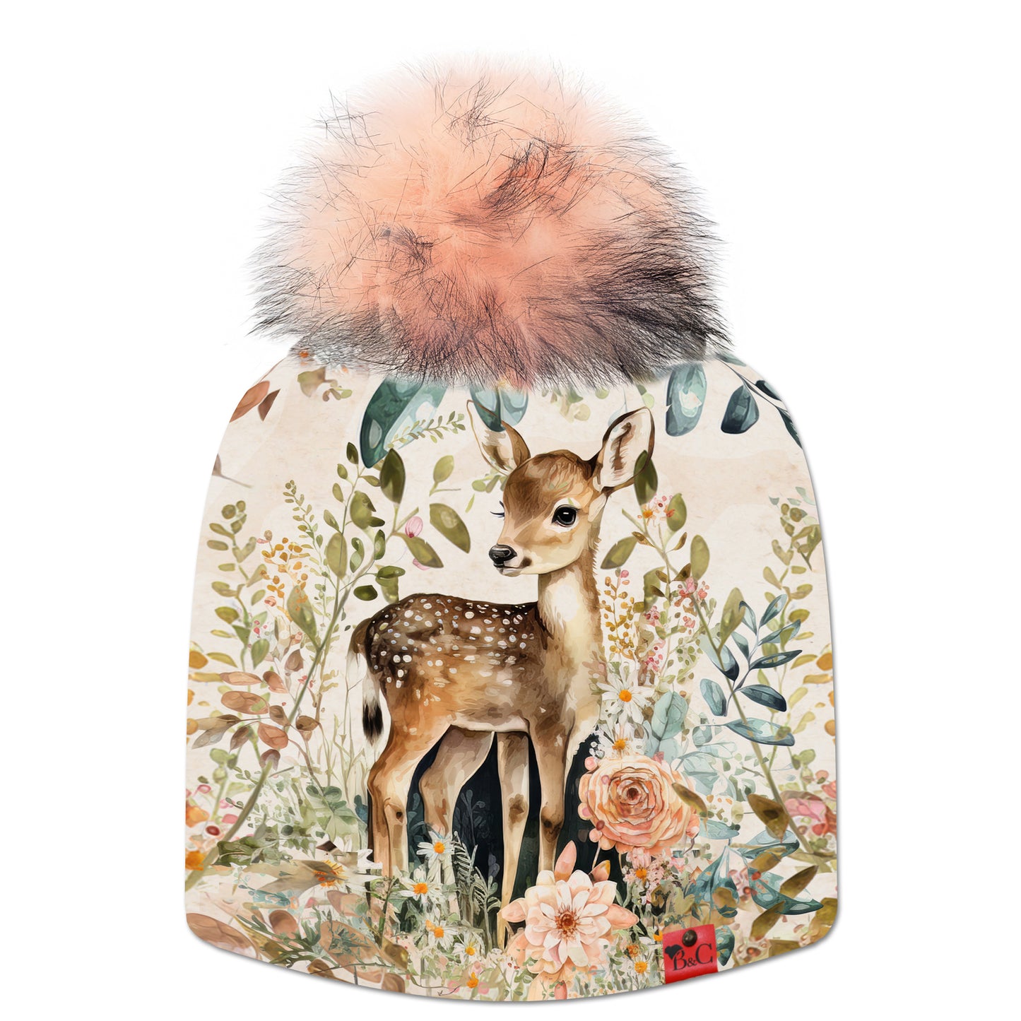 Bonnet Victoria pour enfants, plongez dans un univers enchanteur et fleuri avec une biche entouré de fleurs. Sublimé par son pompon Flamant Rose en fourrure synthétique et de son étiquette en cuir synthétique rouge signée Beanie and Clyde.