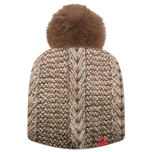 Bonnet Vinci pour hommes et femmes, avec son imprimé cordage votre tenue aura une touche d'originalité. Sublimé par son pompon Crème de Marron en fourrure synthétique et de son étiquette en cuir synthétique rouge signée Beanie and Clyde.