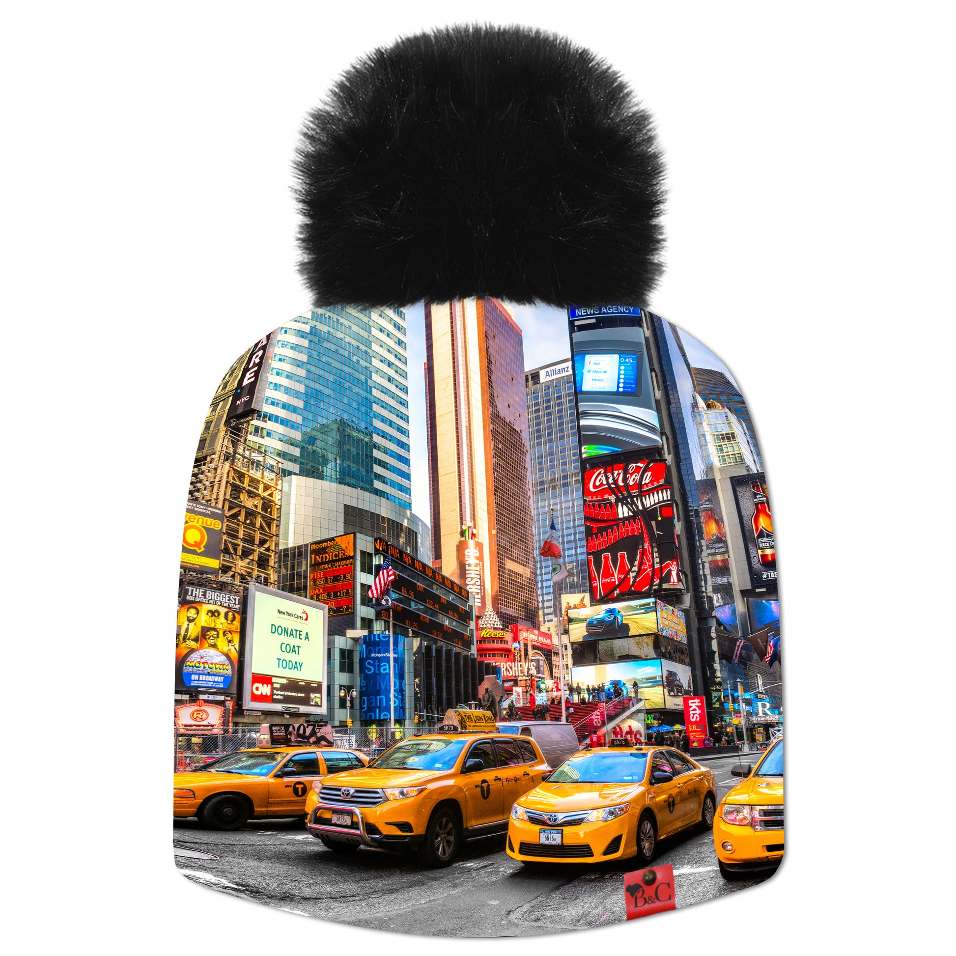 Bonnet Affleck pour enfants, avec vue sur manhattan et plus particulièrement Time Square avec ses taxis et immenses panneaux publicitaires.