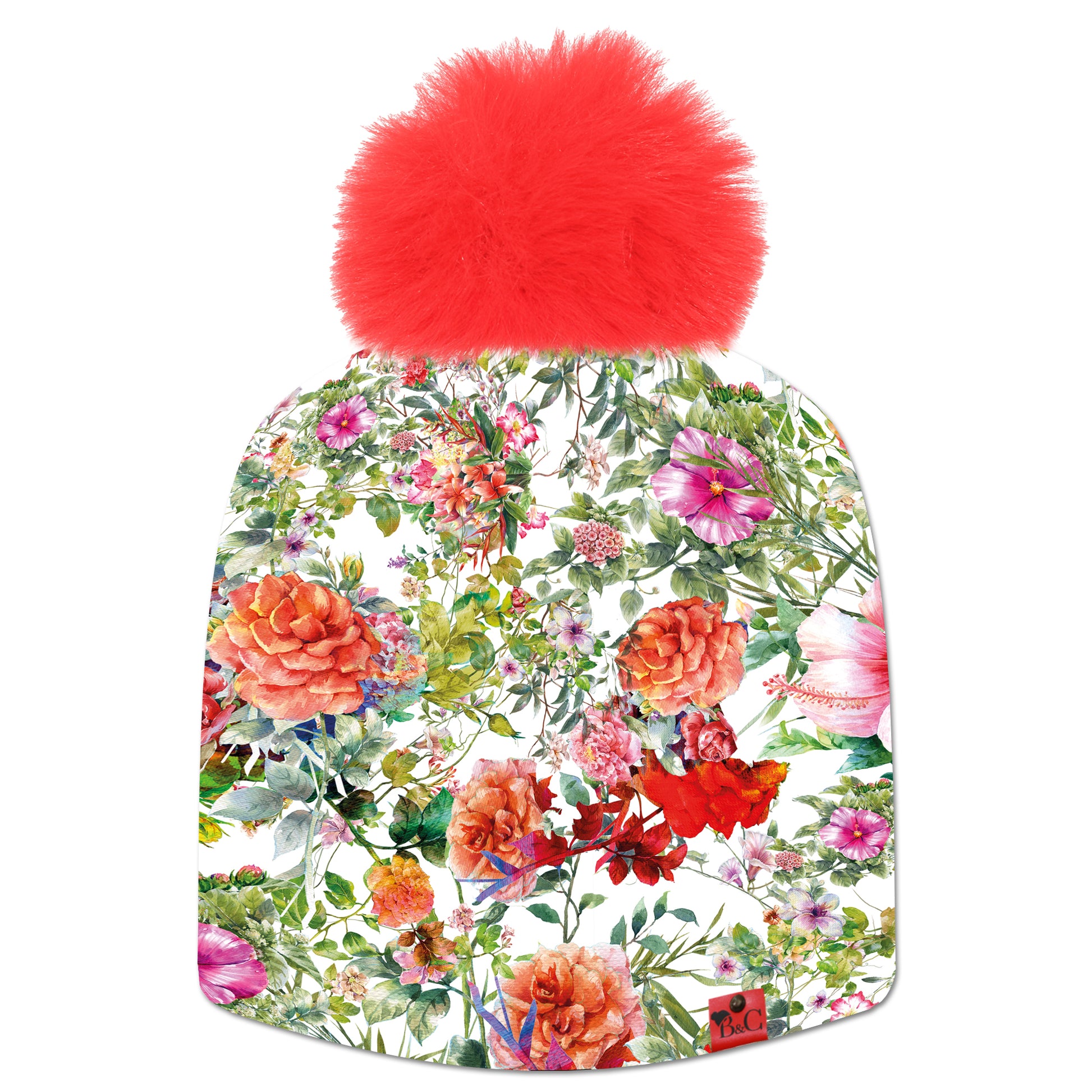 Bonnet Ariana pour enfants, son imprimé floral et coloré s'accordera parfaitement avec vos tenues. Sublimé par son pompon rouge pour une touche de fun