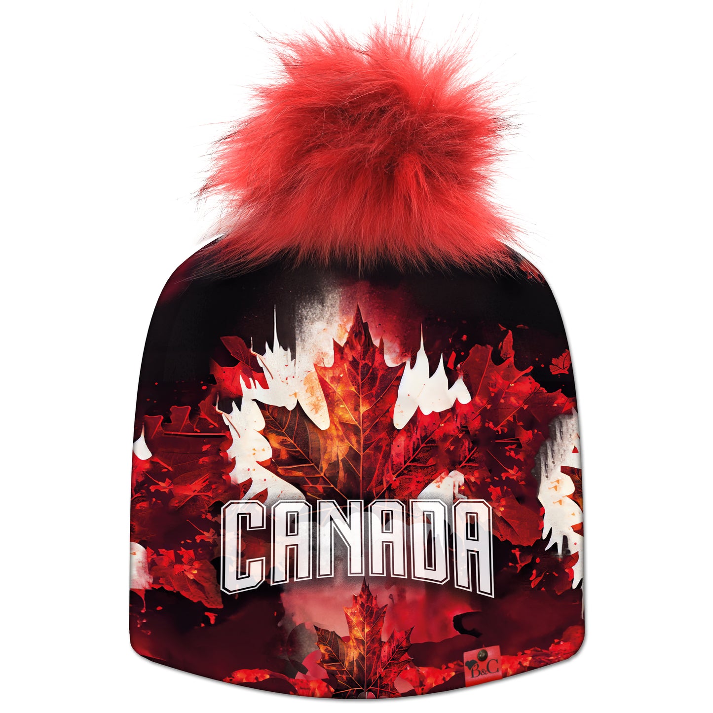 Bonnet Celine pour enfants, avec un motif de feuilles d'erable et le mot "Canada" accompagné de son pompon Rouge Punk en fourrure synthétique.