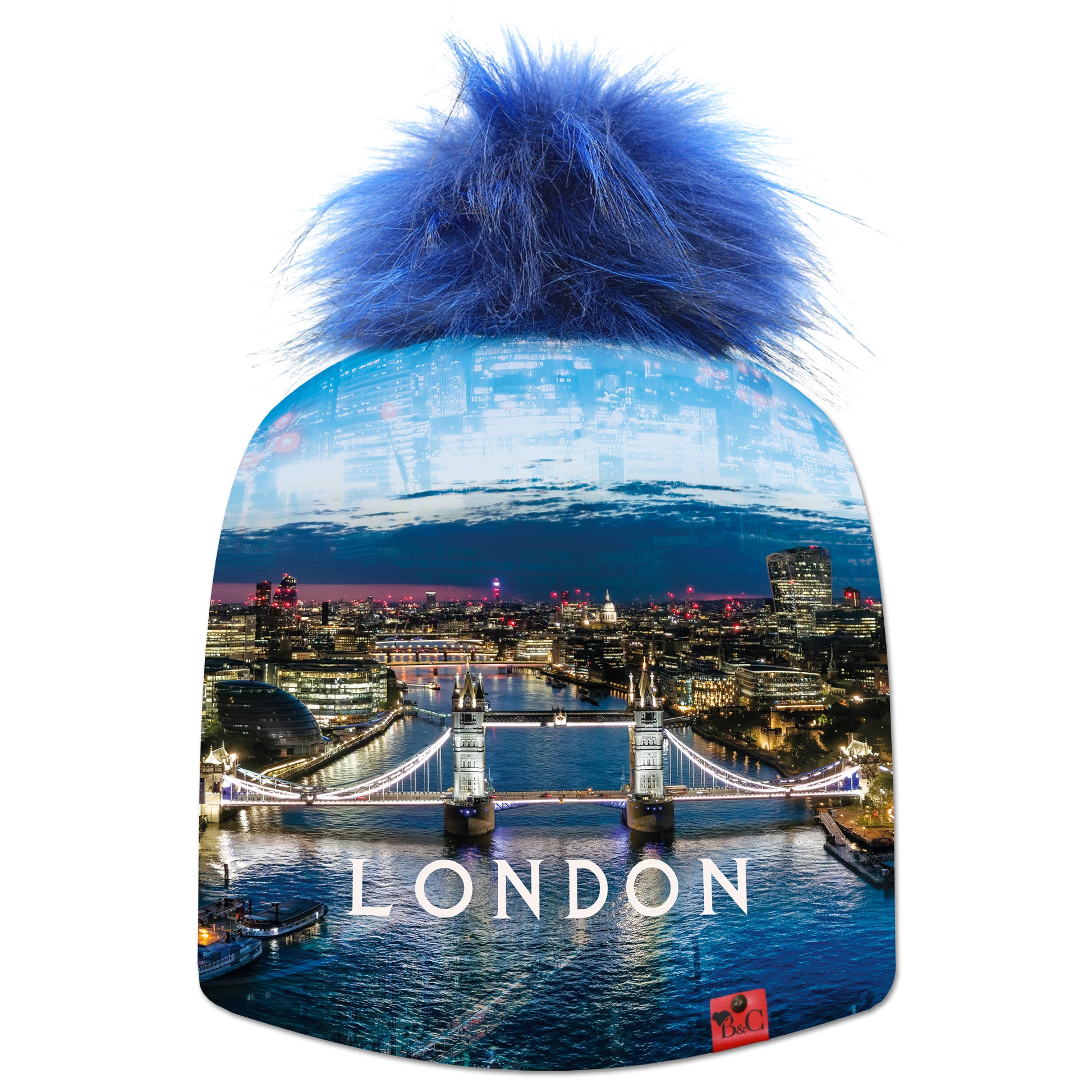 Bonnet Lennon pour enfants, il vous offre un imprimé avec vu sur le tower bridge en pleine nuit. Il est sublimé par son pompon Denim en synthétique et de son étiquette en cuir rouge signée Beanie and Clyde.